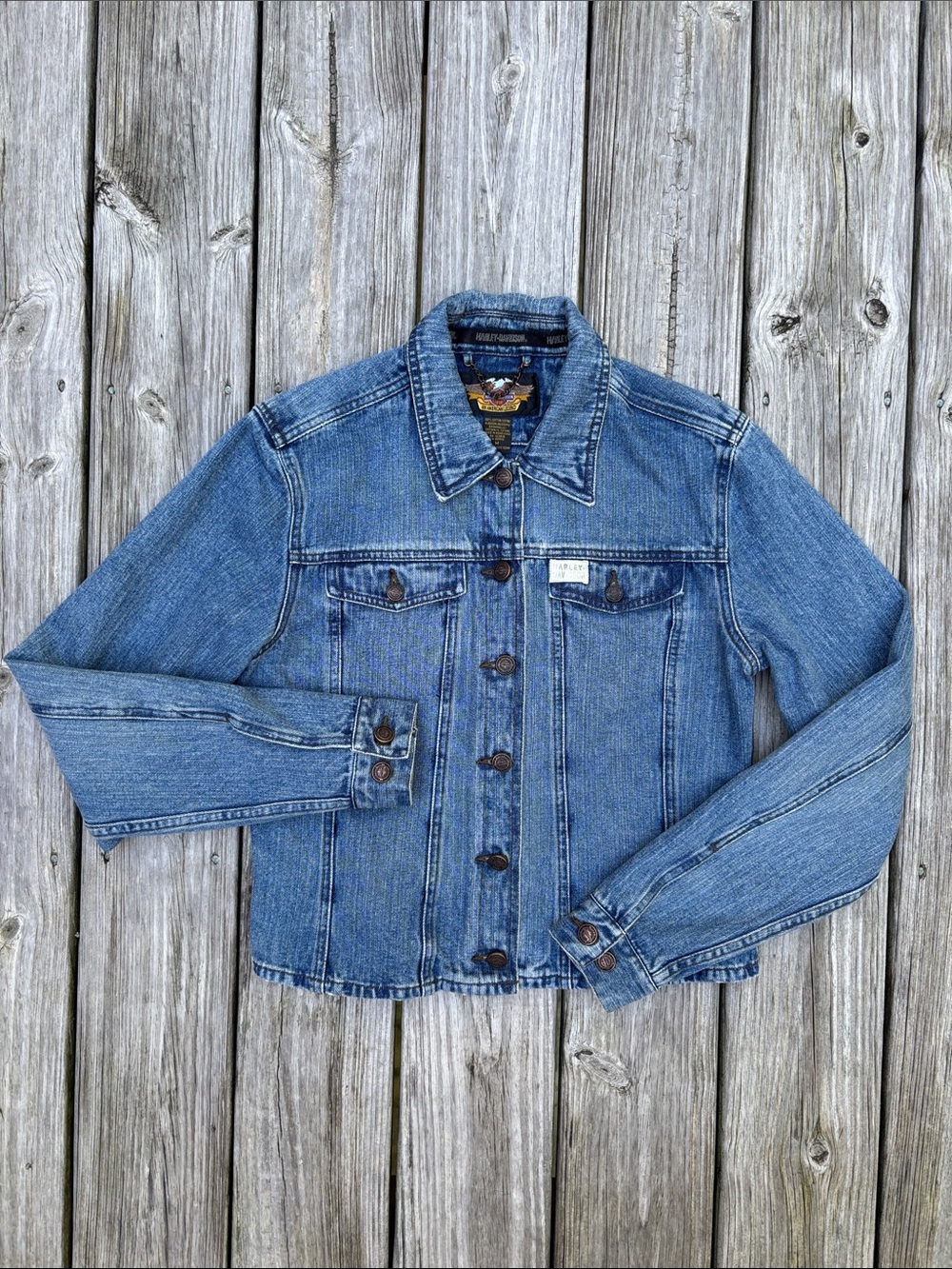 Vintage Y2K Harley Davidson Graphic Denim Jacket Tribal Scroll Logo Trucker M